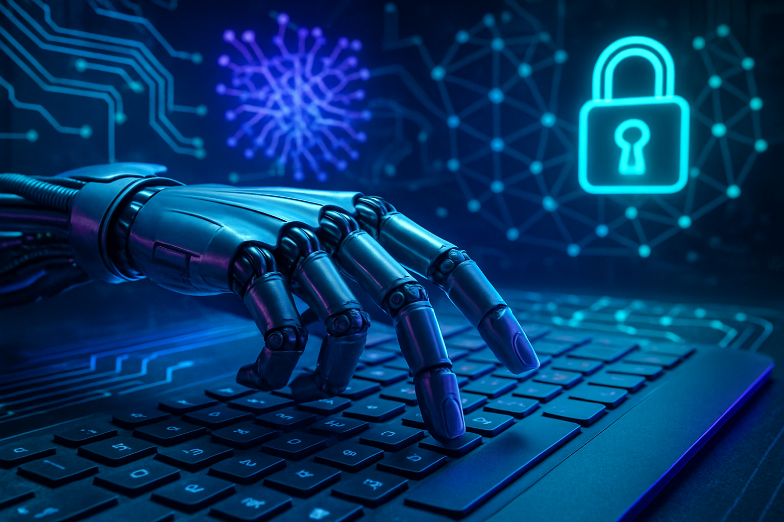 Mão robótica interagindo com teclado, representando IA e cibersegurança em telecomunicações.