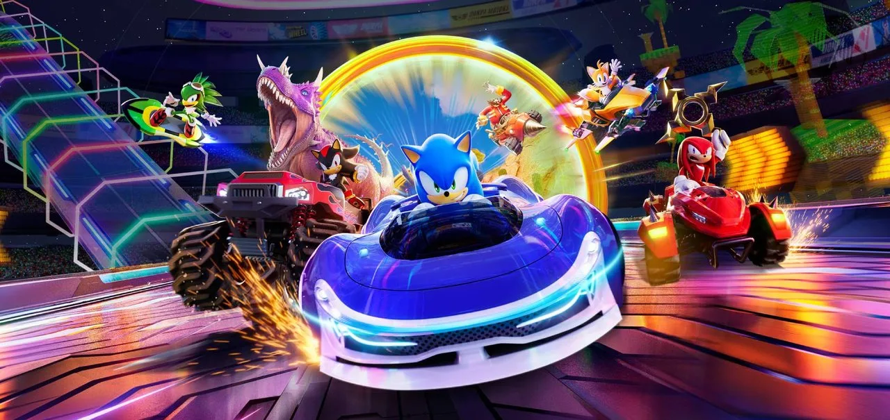 Sonic Racing Crossworlds gameplay com personagens correndo em pista futurística