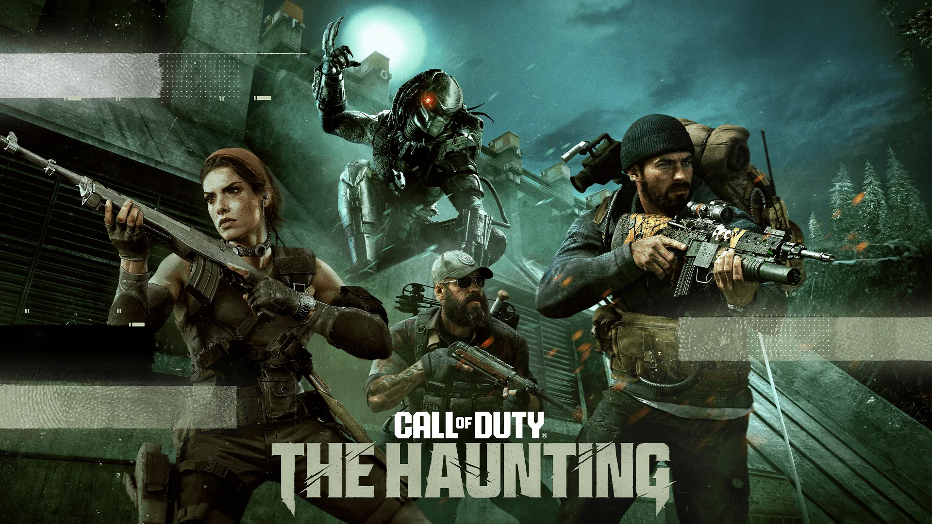 Evento The Haunting em Call of Duty: Black Ops 6 e Warzone com operadores em um cenário sombrio
