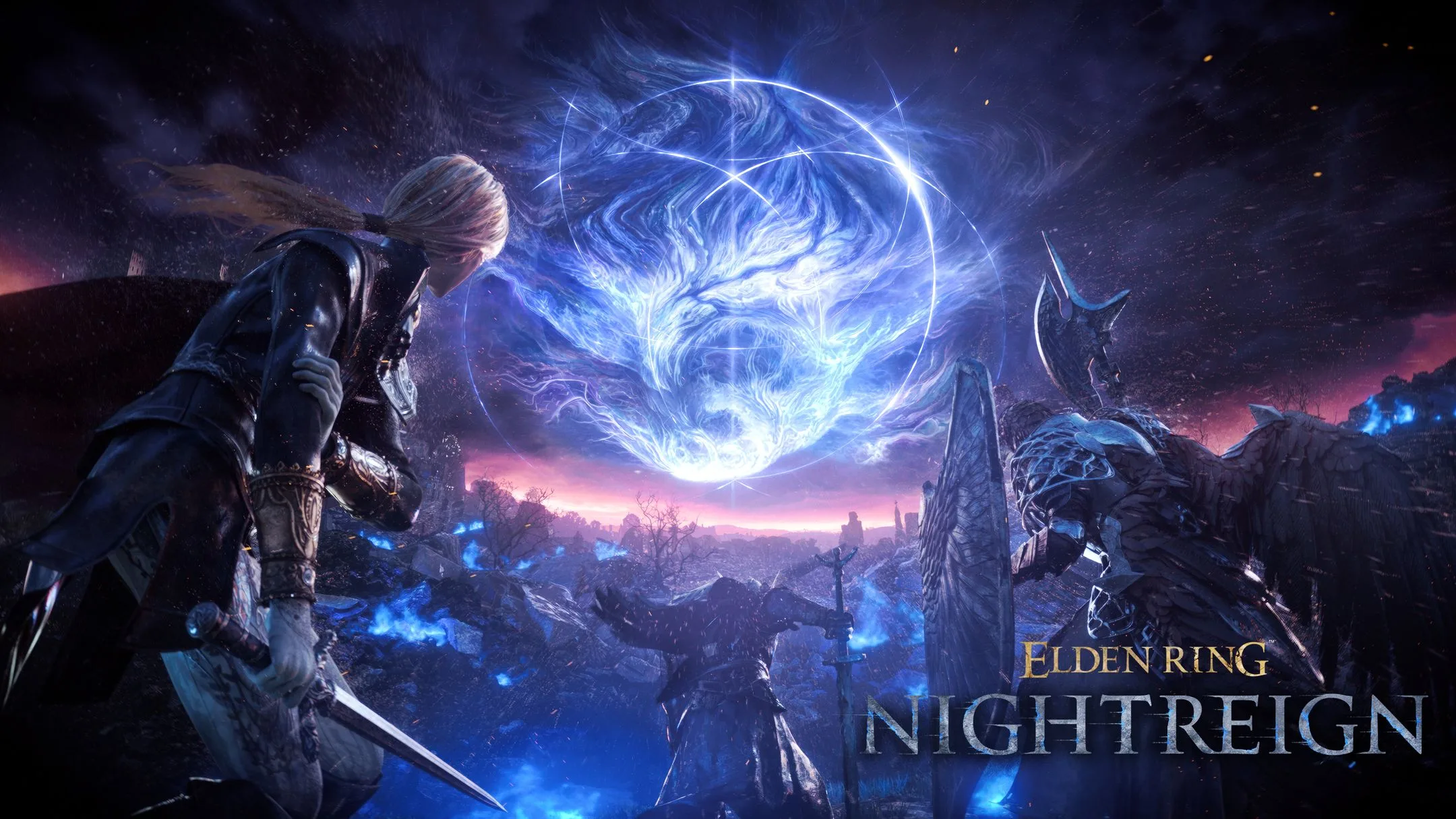 Arte promocional do DLC Nightreign de Elden Ring, mostrando um cavaleiro em um cenário noturno.